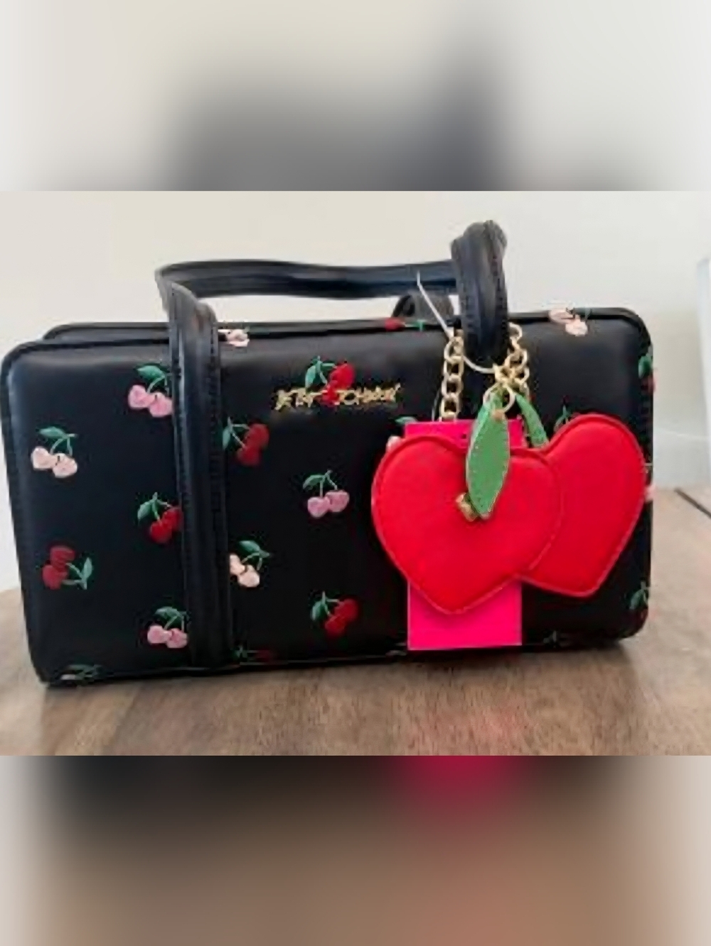 Betsey Johnson Black Cherry Print Tote with Red Heart Charm Keychain Nwt